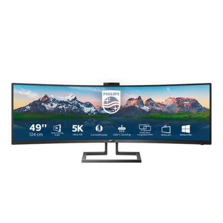 PHILIPS Ívelt monitor 48.8" 499P9H, 5120x1440, 32:9, 450cd/m2, 5ms, USB-C(+dokkoló)/3xUS/LAN/DP/2xHDMI, hangszóró/webkam